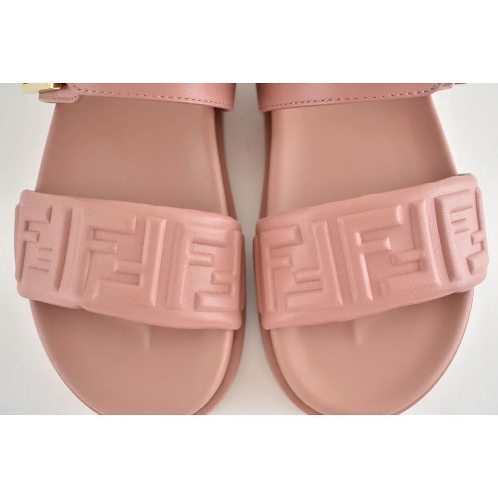 Fendi Feel Slide Pink Brick Leather FF Baguette Logo Gold Mule Flat Sandal 37